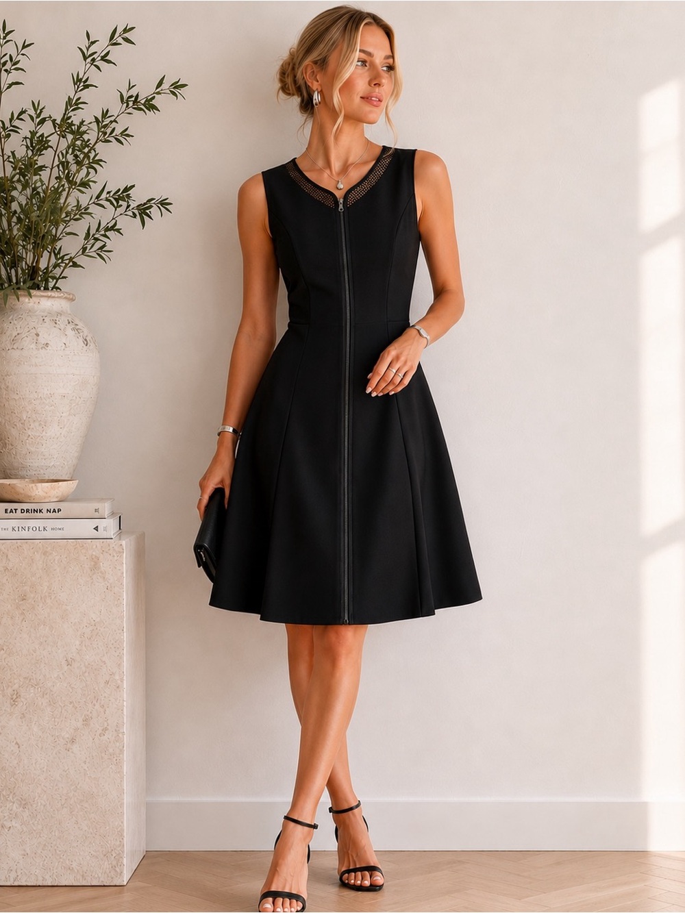 Tahari Minimalist Quiet Luxury Corporate Chic Mod Fit & Flare Zip Dress, Size 2